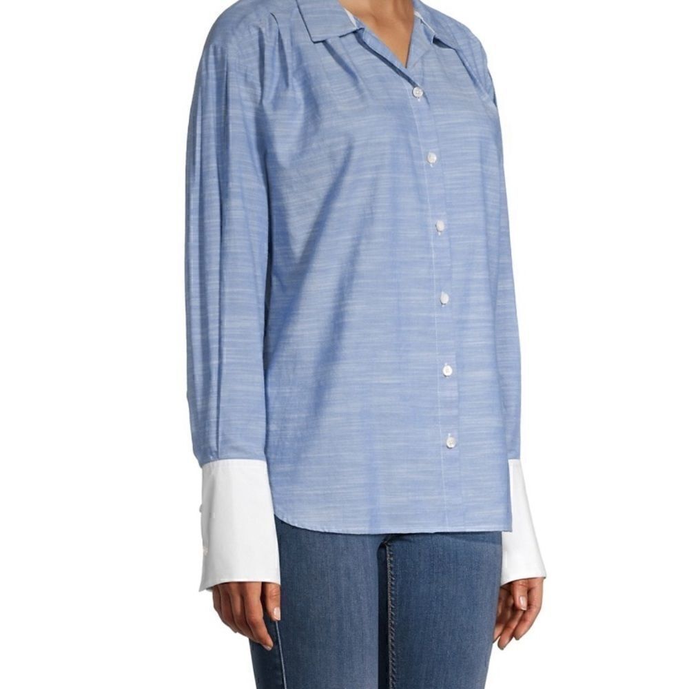 Frame Oxford Blue Pleated Contrast Cuff Button Up - Picture 9 of 11